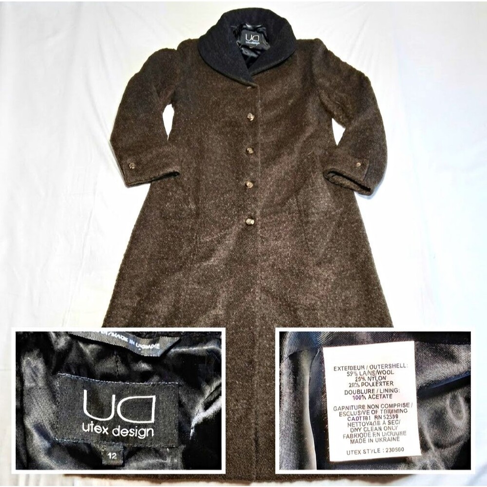 Utex Design Women's Brown Wool Blend Long Overcoat Button Collared Lined 12